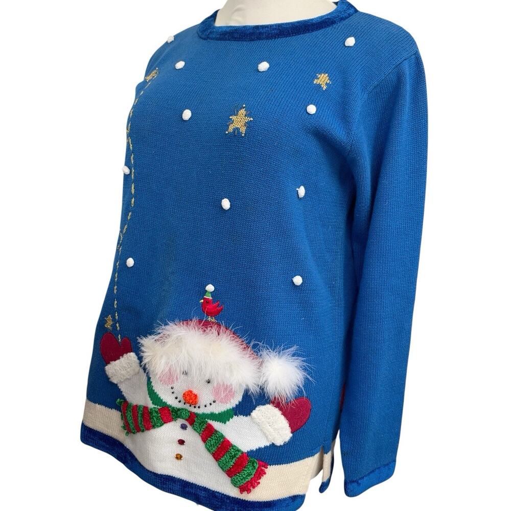 Quacker Factory Snowman Sweater Women's Size Large Blue Winter Holiday Christmas